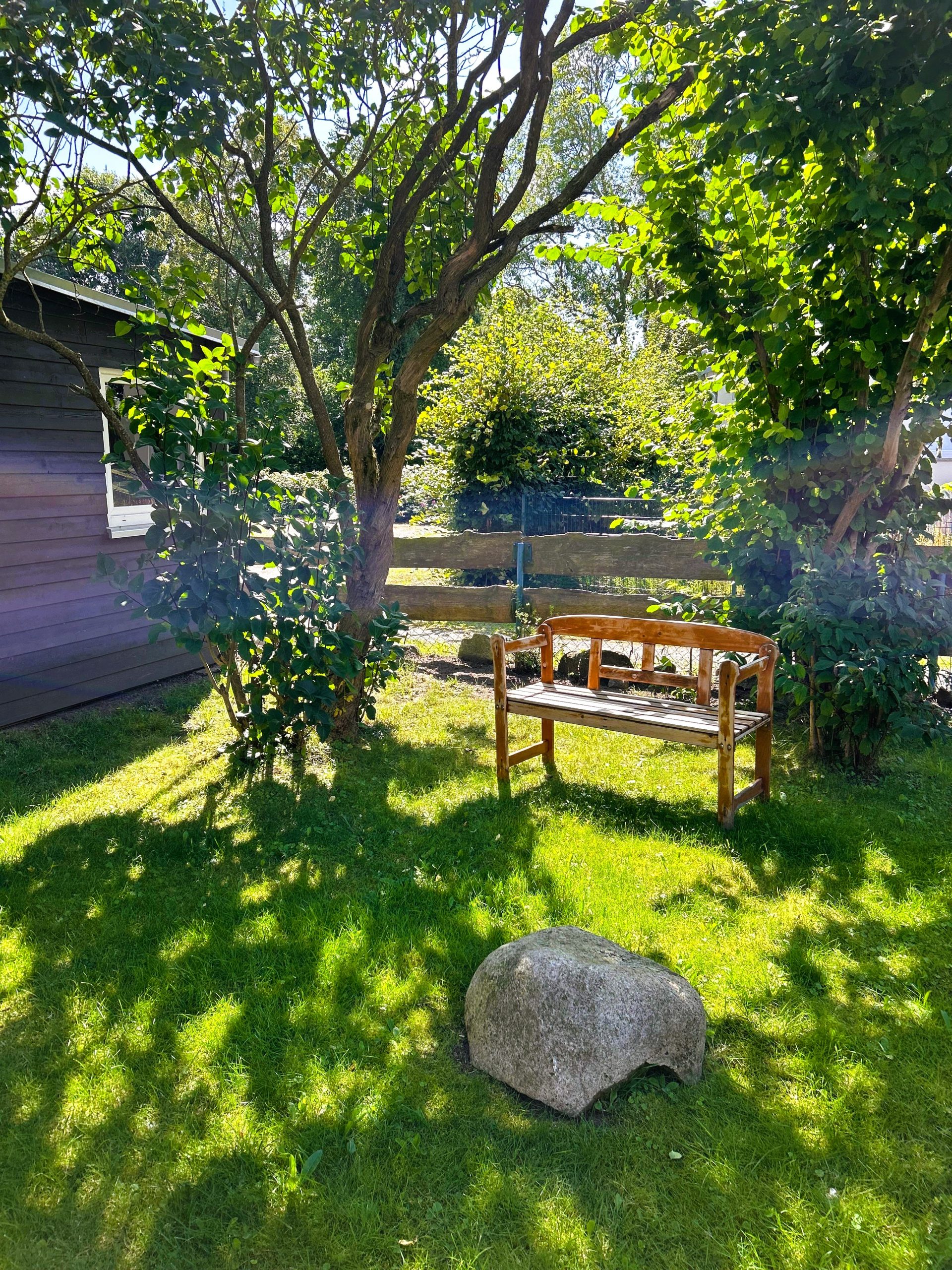 Grüner Garten des Haus am Wiek mit Bäumen, Rasen und Holzbank